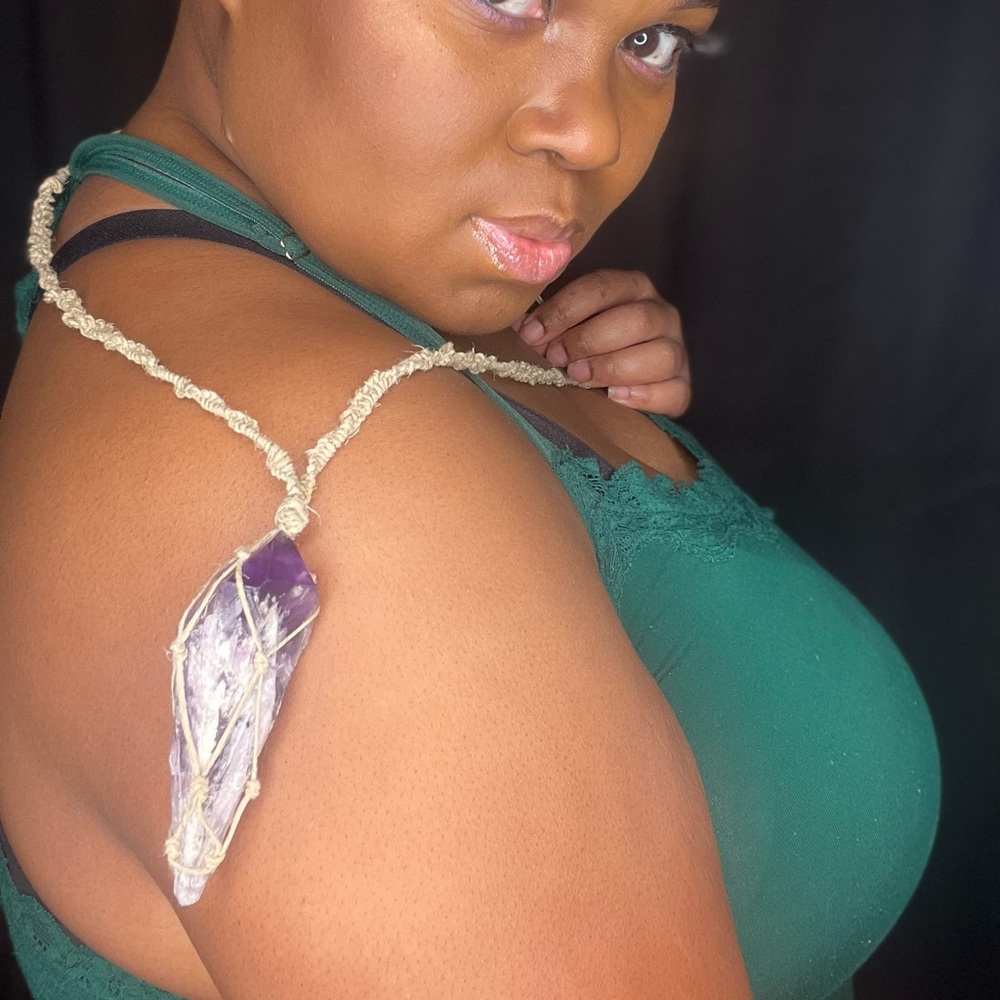 Unisex, handcrafted hemp cord necklace with approx. 2in amethyst crystal spear. - Picture 2 of 3